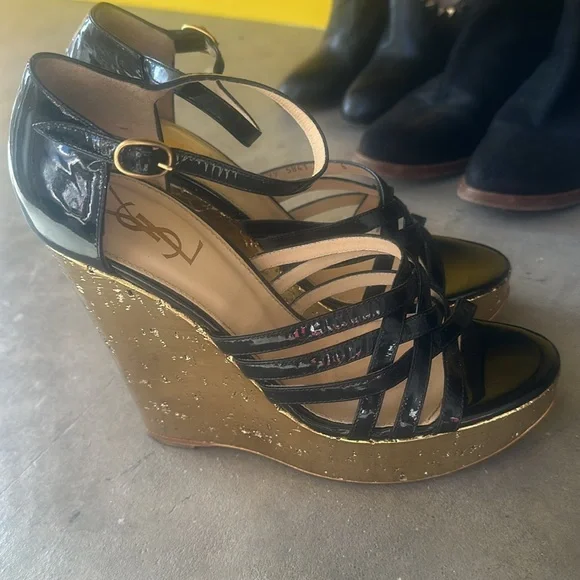 YSL Black Patent Platform Sandals 39